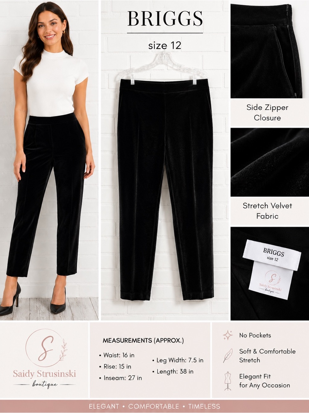 BRIGGS Black Stretch Velvet Side Zip Dress Pants Size 12 Elegant Career Pants